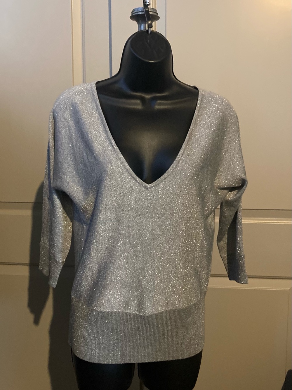 Sparkle Silver V-Neck Knit Top